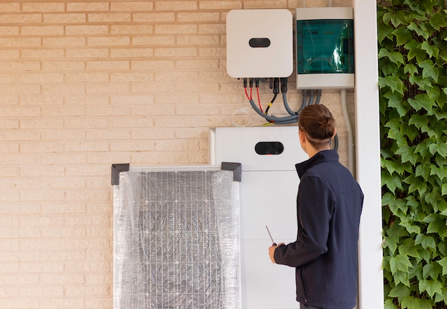 technician fixing solar battery