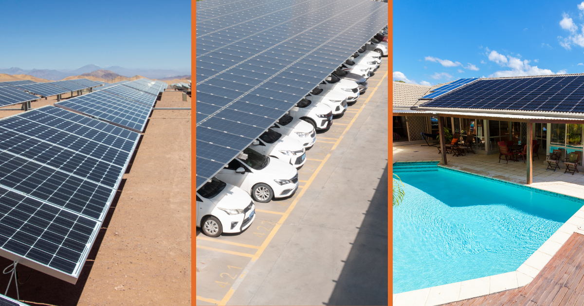 Side-by-side comparison of ground-mount solar, solar carports, and solar patio covers