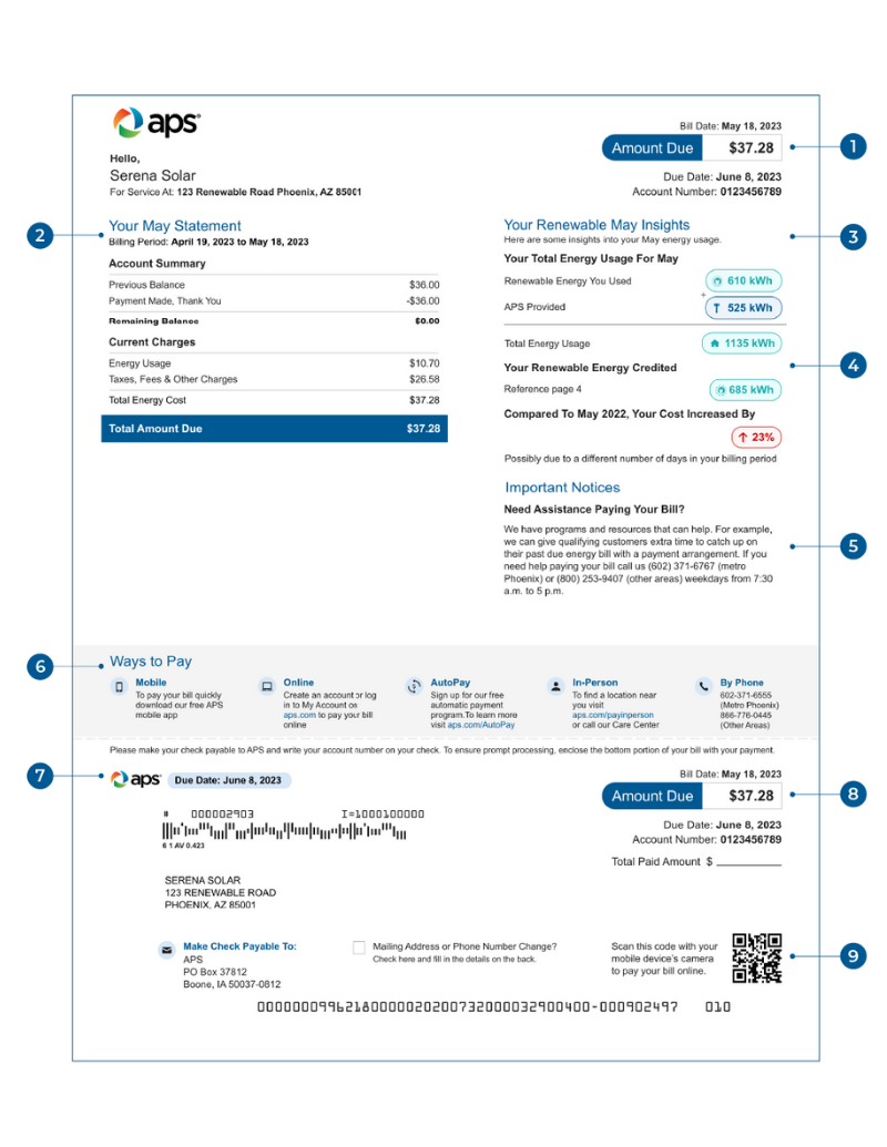 Arizona Public Service (APS) Electric Bill with Solar Example