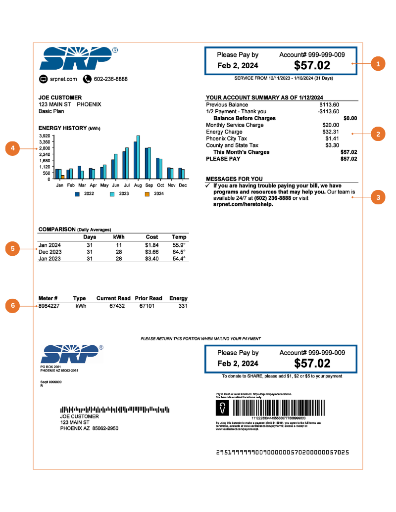 Salt River Project (SRP) electric bill with solar example