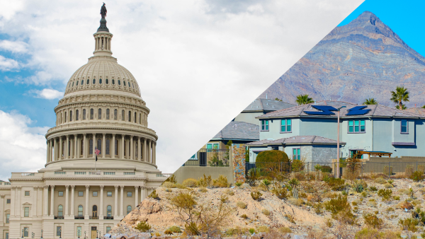 Triangularly split image with US Capitol building on left-hand side and solar installed on residential building in Southwest on right-hand side