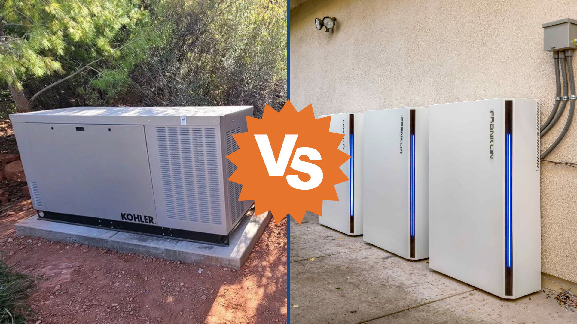 Image of generator on left-hand side and solar battery on right-hand side with VS rendition in between images