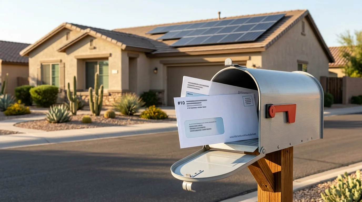 Mailbox with a utility electric bill in front of a Phoenix solar home