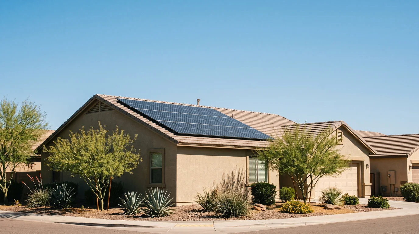Quiet rooftop solar array on a Phoenix home under a clear sky
