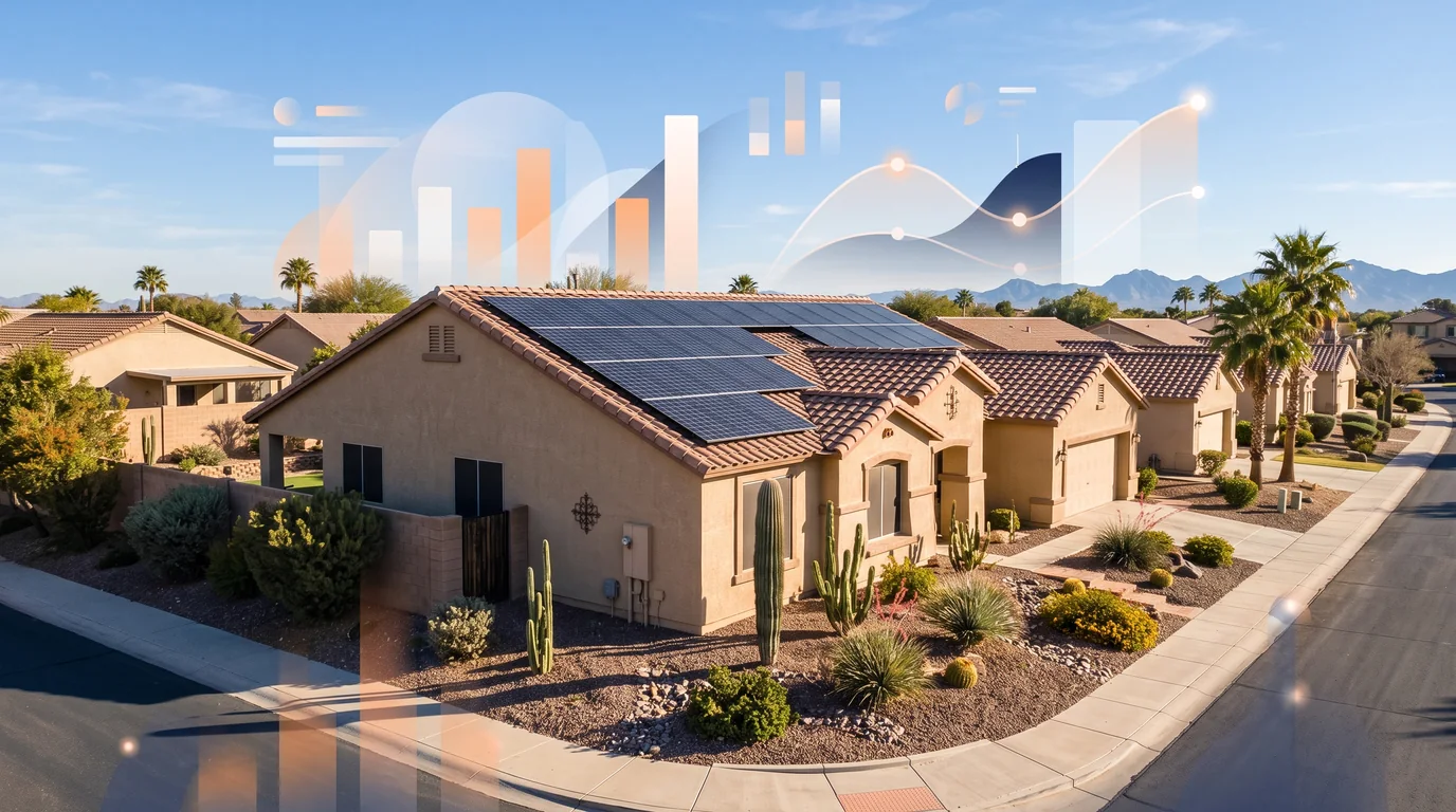 Phoenix home with rooftop solar and a solar production data overlay