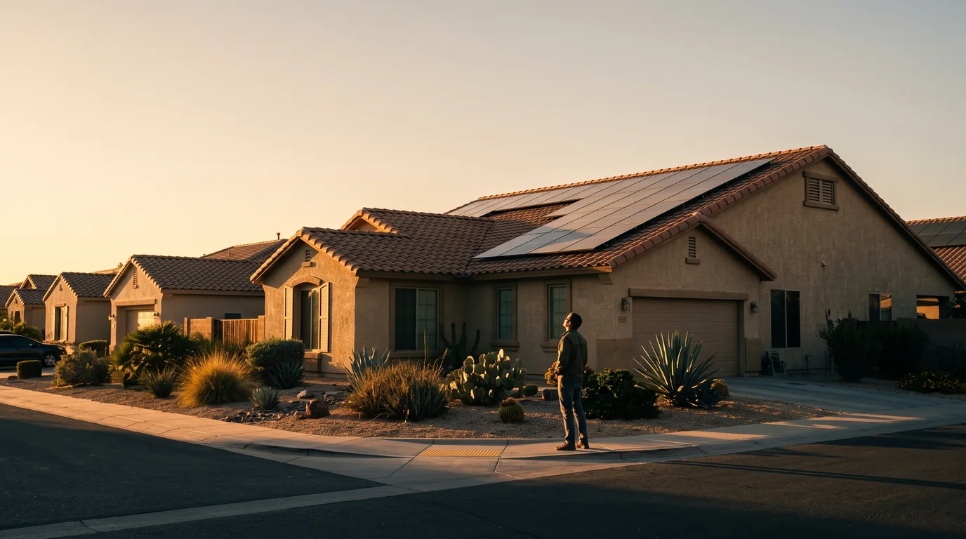 Arizona homeowner looking at rooftop solar panels at golden hour
