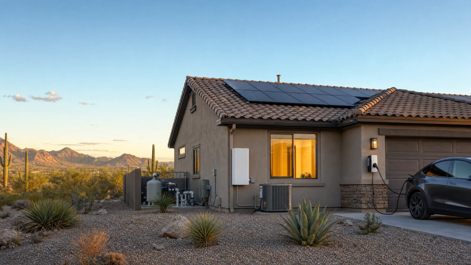 Phoenix-area solar home in late afternoon with a battery and household loads, illustrating how one peak-use window can affect a demand charge.