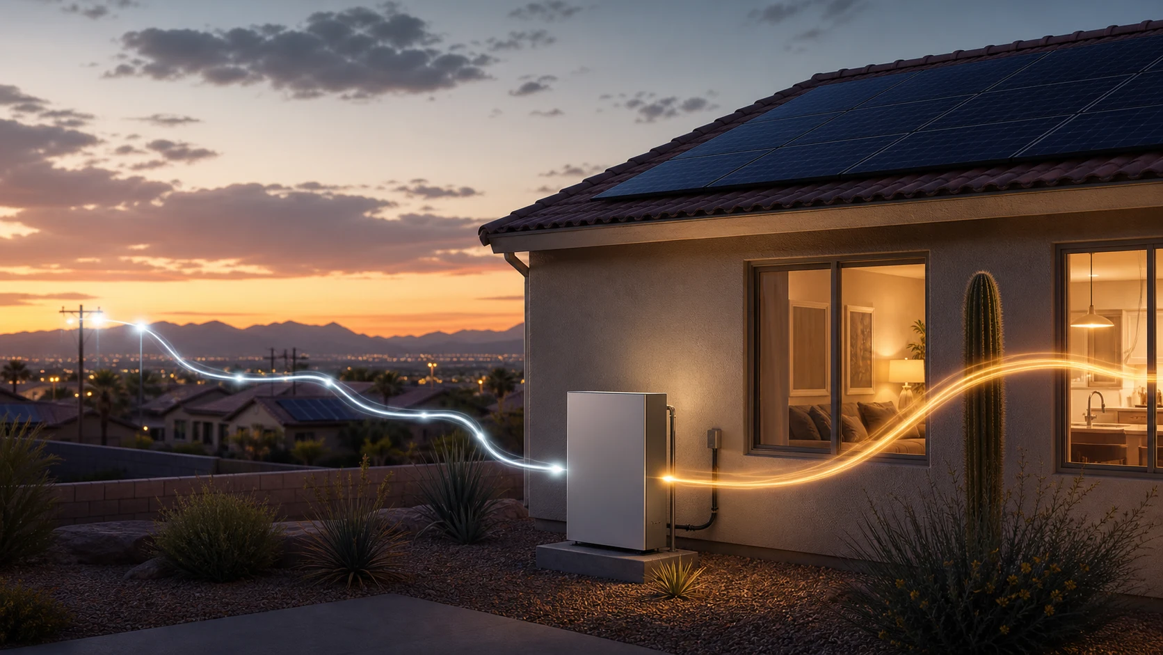 Home battery and rooftop solar at a Phoenix-area house, illustrating the choice between utility battery events and using stored energy for the home.