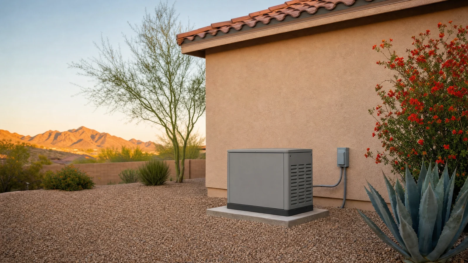 Unbranded home standby generator on its own pad beside a single-family Arizona home, with open space for the article headline.